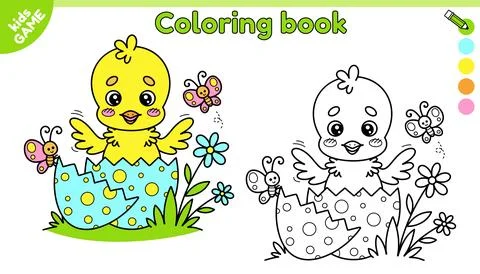 Page of kids Easter coloring book with cute chick Stock Illustration