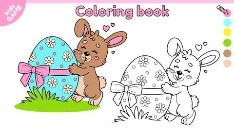 Page of kids Easter coloring book with cute rabbit Stock Illustration