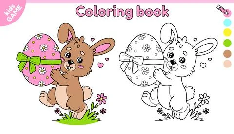 Page of kids Easter coloring book with cute rabbit Stock Illustration