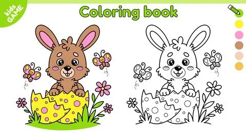 Page of kids Easter coloring book with cute rabbit Stock Illustration
