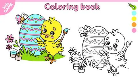 Page of kids Easter coloring book with cute chick Stock Illustration