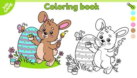 Page of kids Easter coloring book with cute rabbit Stock Illustration