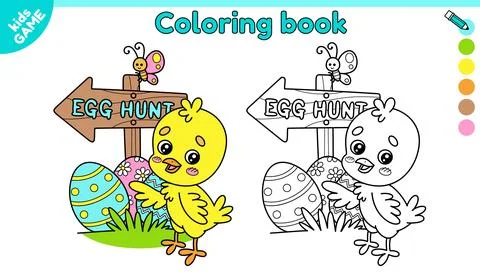Page of kids Easter coloring book with cute chick Stock Illustration