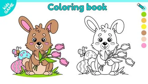 Page of kids Easter coloring book with cute rabbit Stock Illustration