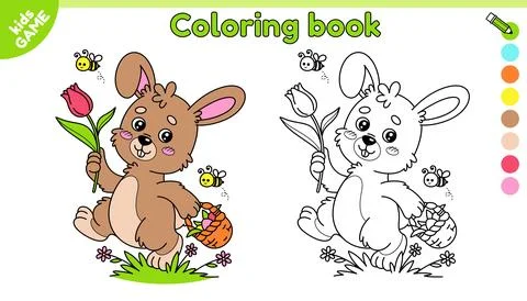 Page of kids Easter coloring book with cute bunny Stock Illustration