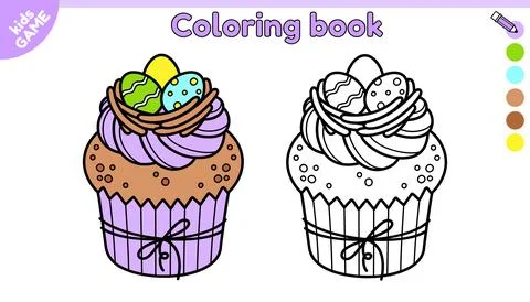Page of kids Easter coloring book with cupcake Stock Illustration