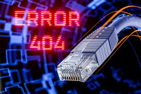 Page loading error. Unknown page. RJ45 internet plug disconnected. 404 error Ilustración de archivo