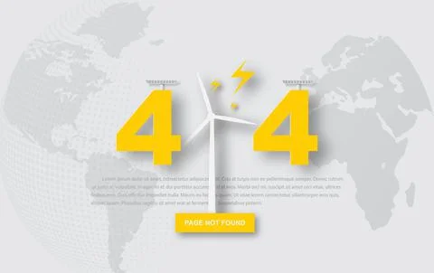 Page not found 404 design. 404 error page Wind turbine failure, no electricit Illustrazione stock