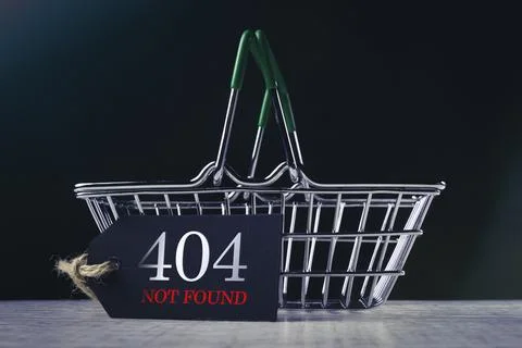 Page not found. Error 404. Grocery cart and price tag. Oops, end of site. Foto stock