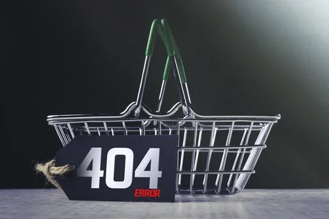 Page not found. Error 404. Grocery cart and price tag. Oops, end of site. Foto stock