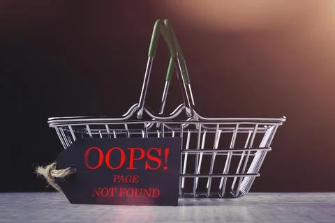 Page not found. Error 404. Grocery cart and price tag. Oops, end of site. Stock Photos