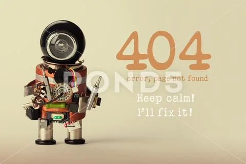 Page not found template for website. Robot toy repairman with screwdriver and Stock Photos