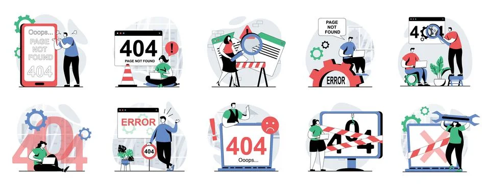 Page not found web concept with people scenes mega set in flat design. Bundle Stock Illustration