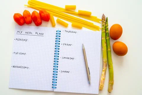 Page of notebook, with text "my meal plan", days of the week and food next to it Stock Photos