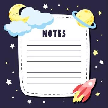 Page for notes in childish style with space elements. Rocket, moon, planet and Stock Illustration