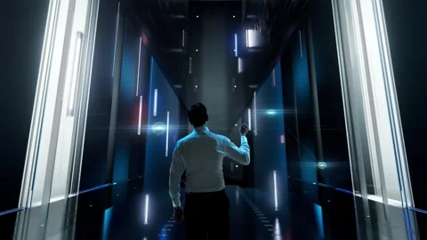 Off-Page Optimization. Man in Futuristic Office Interior Moving and Activating Stock Footage 267123270