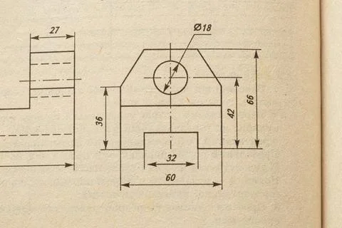 A page with a technical drawing and part dimensions for engineering topics, d Stock Photos
