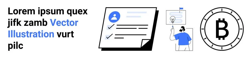 Page with text, document with checklist, customer support agent with headset, Stock Illustration