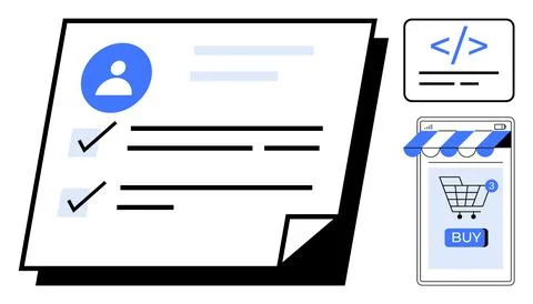 Page with user profile, code snippet, and smartphone showing shopping cart wi Stock Illustration