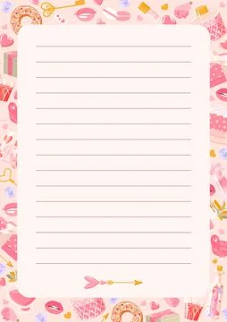 Page for writing, notes sheet template with romantic elements on pink Illustration