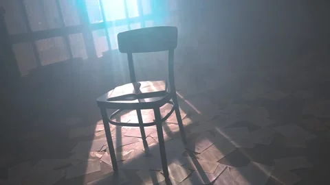 Pages falling on opened book on black chair in dark mystic room filled with haze Stockbeeldmateriaal 198026824