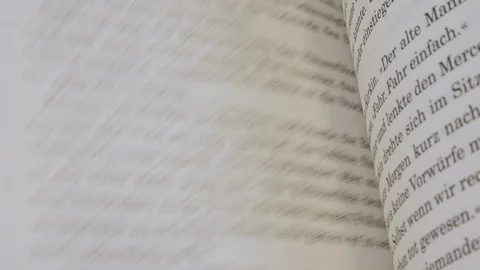 The pages of a German language book are flipped through, long exposure time, Stock Footage 108603023
