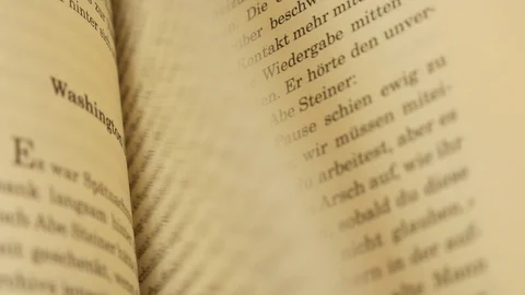The pages of a German language book are flipped through, long exposure time, Stock Footage 108603074