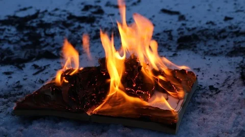 Pages with the text in the open book burn with a bright flame. Video stock 104689391