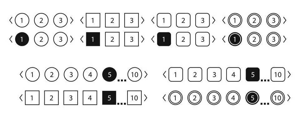 Pagination bars set. Collection buttons for site navigation. Interface elemen Illustrazione stock