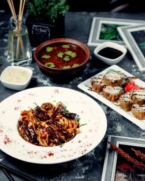 Pagliatelle with meat on jte table Stock Photos