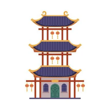 Pagoda as Chinese Tiered Tower with Multiple Eaves and Traditional Building Stock Illustration
