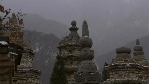 Pagoda Forest at Shaolin Temple during winter Stock Footage 89761742