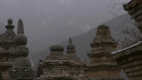 Pagoda Forest at Shaolin Temple during winter Stock Footage 89813078
