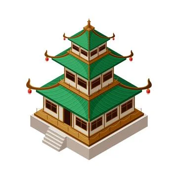 Pagoda as Tiered Tower with Multiple Eaves as Asian Architecture Isometric Stock Illustration