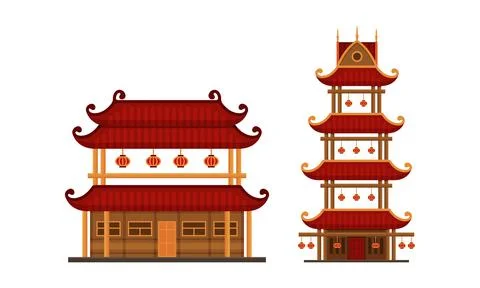 Pagoda as Tiered Tower with Multiple Eaves as Asian Architecture Vector Set Stock Illustration