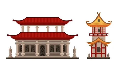 Pagoda as Tiered Tower with Multiple Eaves as Asian Architecture Vector Set Stock Illustration