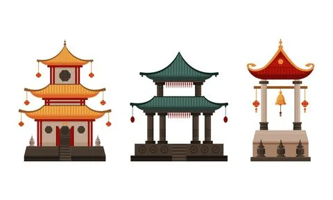 Pagoda as Tiered Tower with Multiple Eaves as Asian Architecture Vector Set Stock Illustration