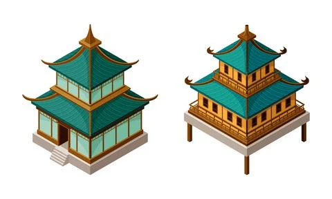 Pagoda as Tiered Tower with Multiple Eaves as Asian Architecture Isometric Stock Illustration