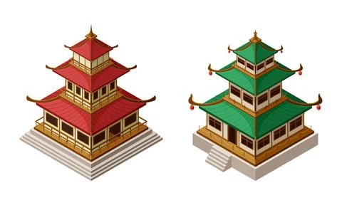 Pagoda as Tiered Tower with Multiple Eaves as Asian Architecture Isometric Stock Illustration