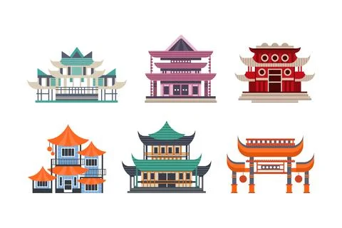 Pagoda as Tiered Tower with Multiple Eaves as Asian Architecture Vector Set Stock Illustration