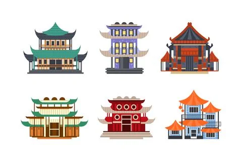 Pagoda as Tiered Tower with Multiple Eaves as Asian Architecture Vector Set Stock Illustration