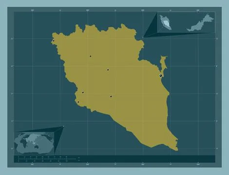 Pahang, Malaysia. Solid color shape. Locations of major cities of the region Illustrazione stock