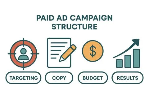 Paid ad campaign structure targeting copy budget and results icons Stock Illustration
