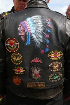 Paignton, Devon, England: Biker jacket with patches at the BMAD biker festival Stock Photos