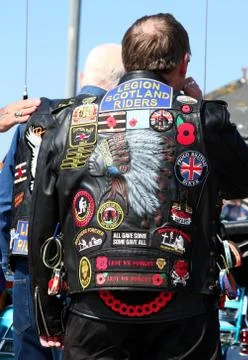 Paignton, Devon, England: Biker's jacket with patches, "Legion Scotland Riders" Stock Photos