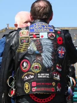 Paignton, Devon, England: Biker's jacket with patches, "Legion Scotland Riders" Stock Photos