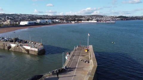 Paignton, Devon, England: Drone View, Zoom In: The harbour, beach, pier and town Stock Footage 171375714