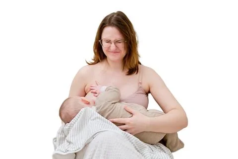 Pain and problems in a woman while breastfeeding a baby, isolated on a whit.. Stock Photos