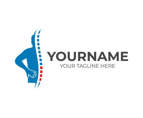 Pain in back and small of the back, a man holds on to his back in pain, logo Illustration