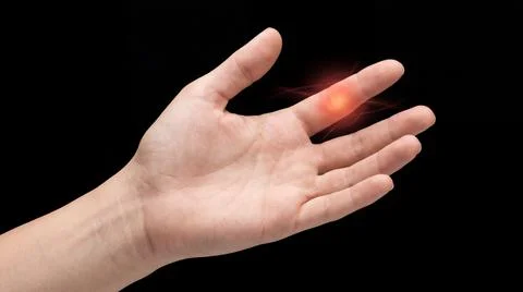 Pain in finger, highlighted in red, concept of medical issue or injury. Stock Illustration